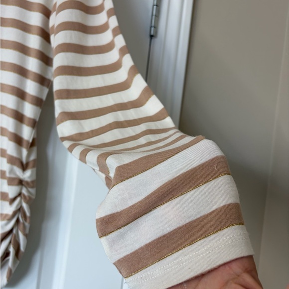 Coldwater Creek Women's Long Sleeve Striped Tan Cream Metallic Stripe Top Size L - Picture 2 of 13